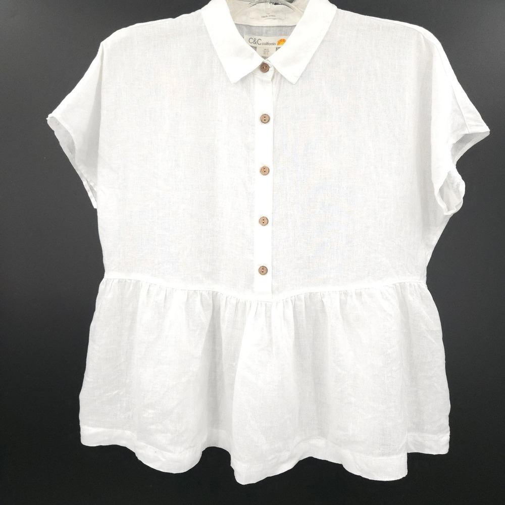 C&C California 100% linen peplum Button Down Top Womens Small White Cap Sleeve